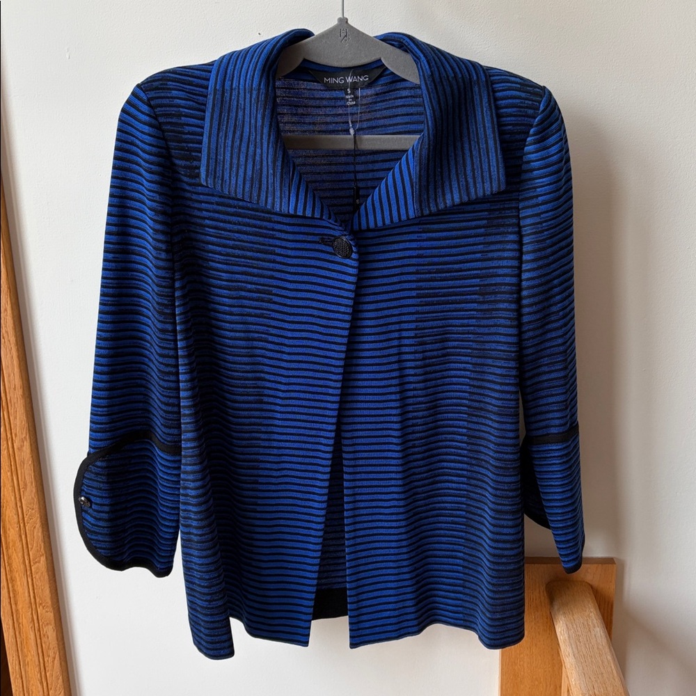 Ming Wang Knit Collared Jacket Easy Care Blue Black Stripe Small NWT